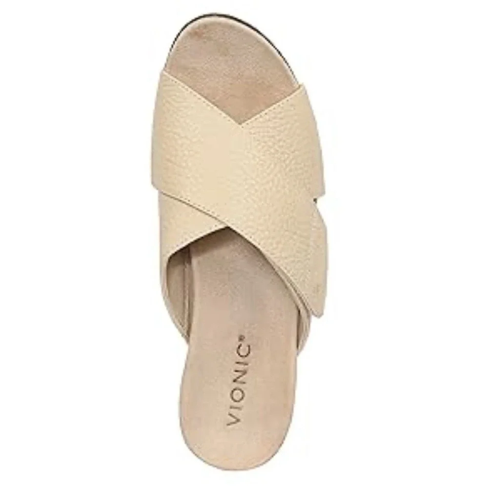 Vionic Leather Leticia Beige Slide Sandals Wedge Orthopedic Sz‎ 10 Semolina New - Picture 4 of 9